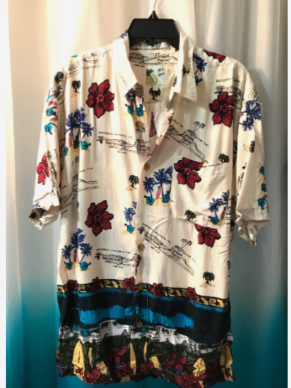 Vintage Men's M.E. Sport Hawaiian, Woody Car, Hibiscus Button Up- Size Lge